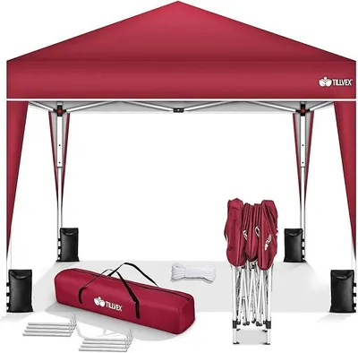 Produktbild von Pavillon 3x3m wasserdicht + 4er Set Sandsäcke | Pop-Up Faltpavillon stabil & höhenverstellbar | Gartenzelt UV Schutz 50+ | Partyzelt mit Tasche für Garten (Rot)
