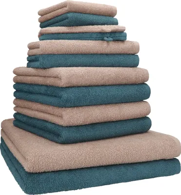 Produktbild von Betz 12-tlg. Handtuch-Set BERLIN 2 Liegetücher 4 Handtücher 2 Gästetücher 2 Seiftücher 2 Waschhandschuhe 100% Baumwolle Farbe: cappuccino / taubenblau