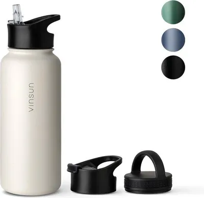 Produktbild von Famanu Trinkflasche aus Edelstahl, Weiß, 1 L, 3 Deckel, Auslaufsicher, Für kohlensäurehaltige Getränke