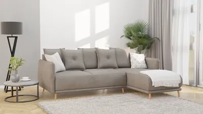 Produktbild von Radiant - Ecksofa mit Schlaffunktion und Bettkasten in scandinavischem Design mit Holzfüßen aus Dunkelbeige Luxusmicrofaser - Ottomane rechts