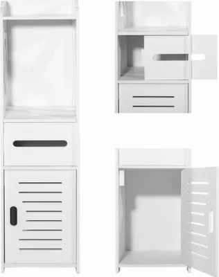 Collage of a white bathroom cabinet from different angles, showing its shelves, drawer, and cabinet door.