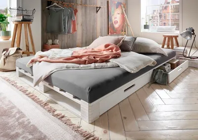 Produktbild von Palettenbett mit Schubkästen 140x200cm 'Finja' Kiefer massiv weiß