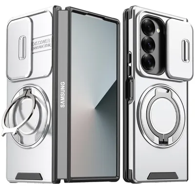 Image de Coque double épaisseur pour Samsung Galaxy Z Fold 6, avec un cache coulissant pour l'appareil photo et un support magnétique en forme d'anneau. Couleur : argent
