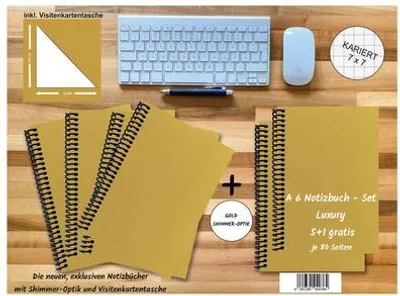 Produktbild von A 6 Notizbuch - Set, 4+2 gratis, Luxury 80 Seiten GOLD GMUND SHIMMER, kariert 7x7mm