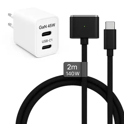 Produktbild von 45W USB C Ladegerät + 140W MagSafe 3 Kabel Schwarz 2m für MacBook Air & Pro M1 M2 M3 M4 M5 - Dual Port Netzteil Adapter Schnellladung