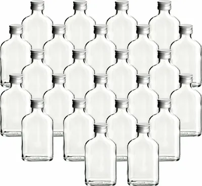 Produktbild von gouveo 24er Set Glasflaschen 200 ml Flachmann mit Schraubverschluss silberfarben - Kleine Flasche 0,2 l zum Befüllen - Leere Schnapsflaschen für Likör, Whisky, Gin, Brandy, Cognac