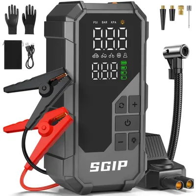 Image de Démarreur de voiture - 7000A de courant de pointe, batterie de 26800 mAh, avec compresseur d'air et fonction power bank