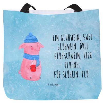 Produktbild von Mr. & Mrs. Panda Tote Bag Schweinchen Glühwein - Eisblau - Geschenk, Wintermotiv, Tasche, Spruch, Betrunken, Reisetasche, Strandtasche, Schultasche, Tragetasche