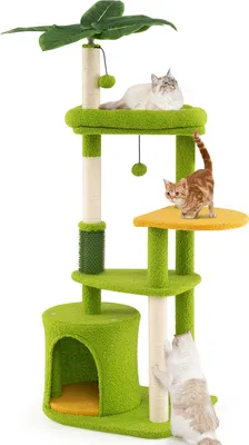 A multi-level cat tree with several cats on it, set against a white background.