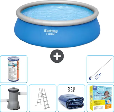 Produktbild von Bestway runder aufblasbarer Fast-Set-Schwimmpool – 457 x 122 cm – Blau – inklusive Pumpe – Leiter Sonnensegel - Wartungspaket - Filter - Reinigungskit