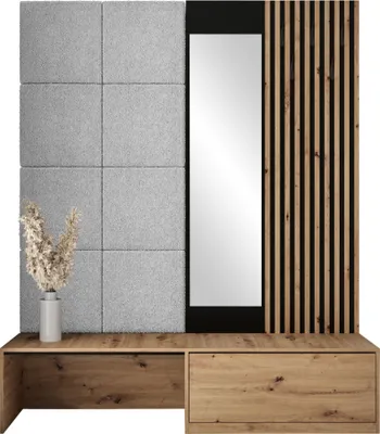 Produktbild von MIRJAN24 Garderoben-Set Premium, Garderobe mit 8x Wandpanel 42x42, Schuhschrank + Spiegel + Lamellen Paneel mit Kleiderhaken (Farbe: Artisan Eiche, Abriamo 06)