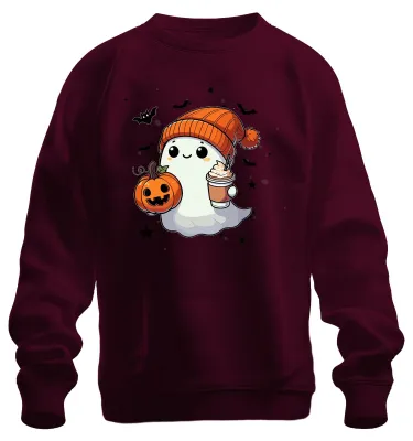 Imagen del producto de Sudadera o jersey de estilo uni, diseño de fantasma de Halloween con calabaza y motivos otoñales, color burdeos, talla M