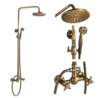 Obrázek produktu pro Starožitná sprchová baterie, 8" dešťová sprcha, dvojitá rukojeť, starožitná mosaz 01