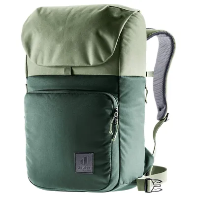 A studio shot of a green Deuter backpack against a white background.