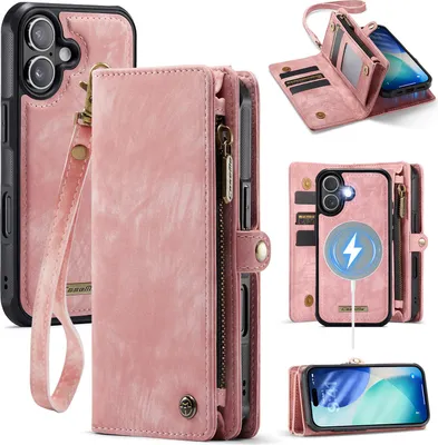 Produktbild von Schutzhülle für iPhone 17, Vintage Multifunktions Lederhülle, Kartenfächer, Reißverschluss Hülle Pink