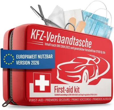 Immagine prodotto di HELDENWERK® Kit di pronto soccorso per auto, conforme alla norma 2026 e alla DIN 13164:2022, in conformità con la StVZO