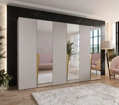 Obrázek produktu pro Velká zrcadlová šatní skříň 300 cm SORAYA 2 - kašmír / zlaté úchyty
