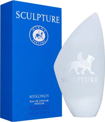 A box and bottle of Nikos Sculpture Mykonos Eau de Parfum Fraiche.