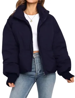 Produktbild von Gihuo Damen Winter Cropped Puffer Jacke Mantel Kurz Warm Steppjacke, Marineblau,