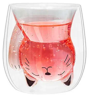 Image de Tasse à café double paroi en verre borosilicaté, 200 ml, avec motif de chat, transparente