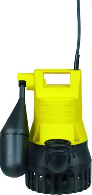 A yellow and black submersible pump with a float switch.