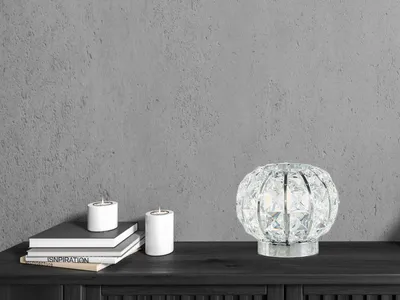 Produktbild von Ausgefallene Designer Kugel Tischlampe dimmbar, Chrom mit Glas Kristallen, Ø16cm