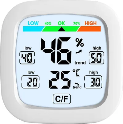 Produktbild von Digitales MIN MAX Thermometer weiß mit Hygrometer Luftfeuchtemesser beleuchtetes LCD-Display Wetterstation Kombithermometer mit Trendanzeige Standfuß