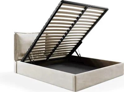 Obrázok produktu pre Calúnená postel Sofello GLAMMY 140x200 kovový lamelový rošt béžová zamatová látka Velvett s podnožou a úložným priestorom