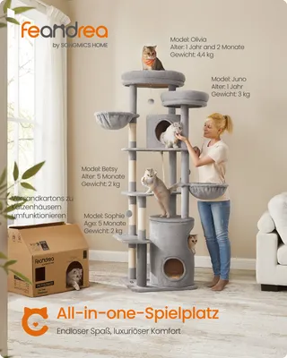Produktbild von Feandrea Kratzbaum groß, 196 cm, mit Katzenturm, gemütliche Höhlen, Katzenbürste, mehrstöckig