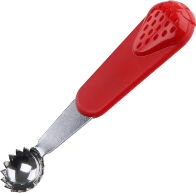 Produktbild von Fackelmann Erdbeerentstrunker, Tomatenentstieler mit Funktionsteil aus Edelstahl, hochwertiger Tomatenstrunkentferner, vielseitiger Strunkentferner, praktischer Küchenhelfer (Farbe: Rot / Silber)