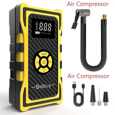 Immagine prodotto di Compressore d'aria portatile per auto - CQB-1208 - 150 PSI - Avviamento di emergenza - Powerbank - Luce LED - Alimentazione a batteria - Giallo