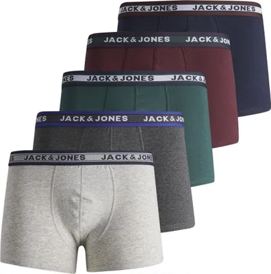 Produktbild von JACK&JONES Jungen Boxershorts, 5er Pack - JACOLIVER TRUNKS, Baumwoll-Stretch, Logobund Grau/Blau/Grün/Rot 176