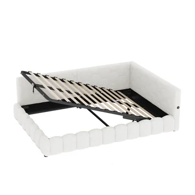Produktbild von Flieks Hydraulisches Polsterbett Tagesbett 140x200cm, Schlafsofa mit USB & Typ-C, Daybed Jugendbett mit LED, Stauraumbett Vliesimitat, Weiß