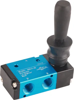 A pneumatic valve with a manual lever control.