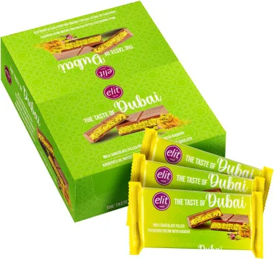 A box of Elit The Taste of Dubai chocolates with several individual bars in the foreground.