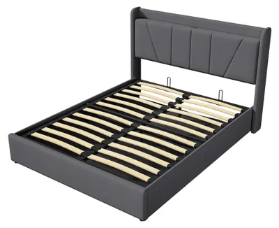 Immagine prodotto di Letto imbottito 160x200 cm - Letto matrimoniale con spazio contenitore - Contenitore a sollevamento idraulico - Rivestito in tessuto - Con prese di corrente integrate - Senza materasso - Grigio
