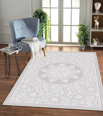 Produktbild von Jungengel Teppich Mandala Dantel Design Flach Grau / Weiß 11x Größen Waschmaschinengeeignet 30°C | 60x150 cm