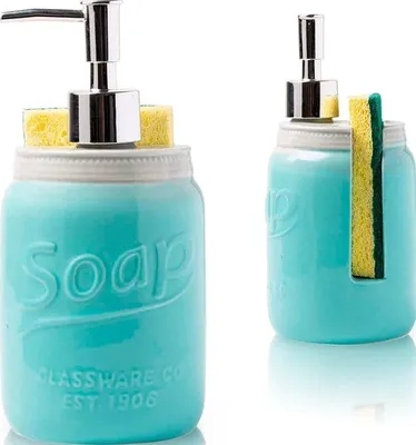Image de Distributeur de savon liquide et support d'éponge Unyqoos® pour la cuisine – organisateur de plan de travail décoratif avec pompe en acier inoxydable, plateau à savon en céramique bleu, comprenant également un support pour éponge