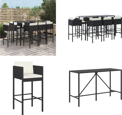Produktbild von vidaXL 9 tlg. Gartenbar Set mit Kissen Schwarz Poly Rattan - Gartenbar Set - Gartenbar Sets - Garten Bar Set - Gartenbar