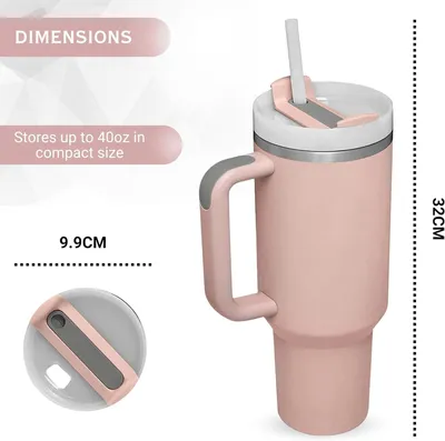 Produktbild von Vakuumisolierter Becher aus Edelstahl mit Griff und Deckel, Reiseflasche, Kaffeebecher für heiße und kalte Getränke  mit Strohhalm