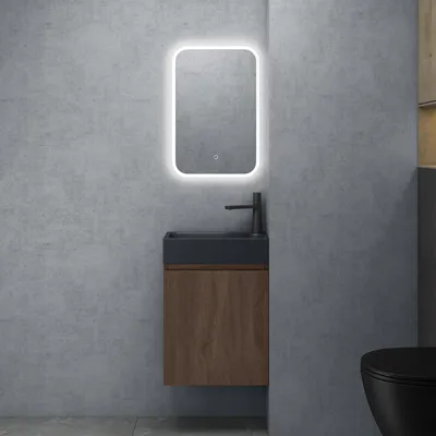 Immagine prodotto di doporro Set Mobile Bagno con Lavabo e Specchio LED Mobiletto Bagno Sospeso per WC Ospiti 46x26x63cm Rovere marrone, Lavabo da Parete Antracite Opaco, Seria Pisa02