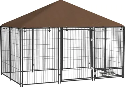 Obrázek produktu pro Bouda pro psy - Venkovní výběh - Se střechou - 2 misky na krmivo - Ocelový rám a tkanina Oxford - 211 × 141 × 151 cm - Černá barva
