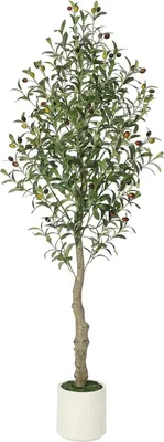 Produktbild von Künstlicher Olivenbaum - Indoor Bodenpflanze im Topf - 180 cm hoch - Realistische Früchte - Echter Holzstamm - Weißer Übertopf - Grün