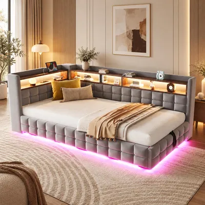 Obrázek produktu pro Postel s úložným prostorem INONEFT, rozkládací pohovka, 90x200 cm, s LED osvětlením a USB porty, hydraulický mechanismus, úložný prostor v čele postele, rošt, samet, světle šedá barva
