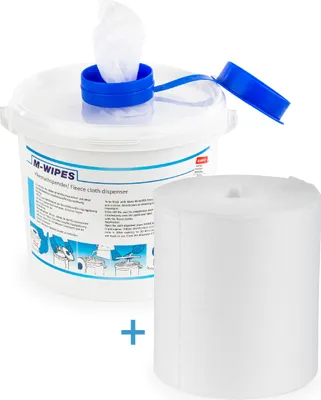 Produktbild von Reinigungstuch M-Wipes aus Spunlace Weiß im Spendereimer, 17x25cm ca. 200 Abrisse, 1 Rolle + 1 Eimer