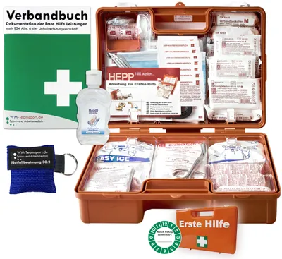 Produktbild von Erste-Hilfe-Koffer M2 PLUS für Betriebe ab 50 Mitarbeiter nach aktueller DIN/EN 13169 inkl. Verbandbuch & Hygiene-Gel