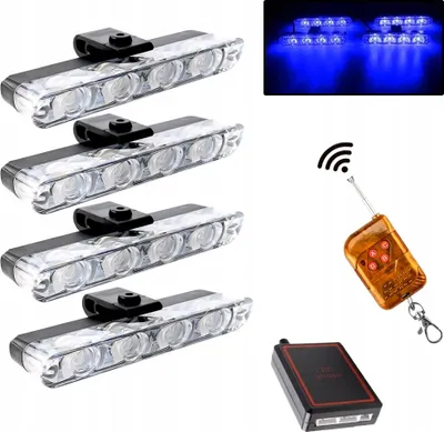 A collage of product images showing multiple LED strobe lights, a remote control, and a control box, along with a separate image of the lights in use.