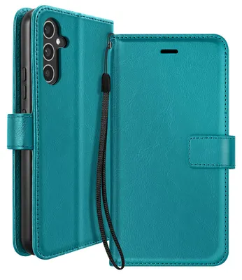 Produktbild von Mayaxess, Brieftasche für Galaxy A34 5G mit Standfunktion und Handschlaufe, Türkis