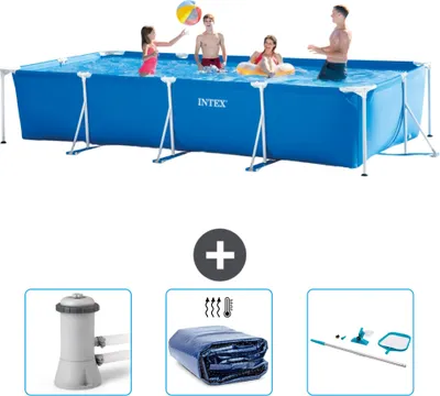 Produktbild von Intex-Schwimmbecken mit rechteckigem Rahmen – 450 x 220 x 84 cm – Blau – im Lieferumfang enthalten Filterpumpe für Schwimmbad - Sonnensegel - Reinigungskit