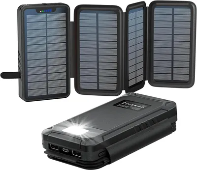 Produktbild von Solar Powerbank, 26800mAh Solar Ladegerät, Tragbares Solarladegerät, kabellose Power Bank, Externer Akku, 4 Solarpanels, mit LED Taschenlampe